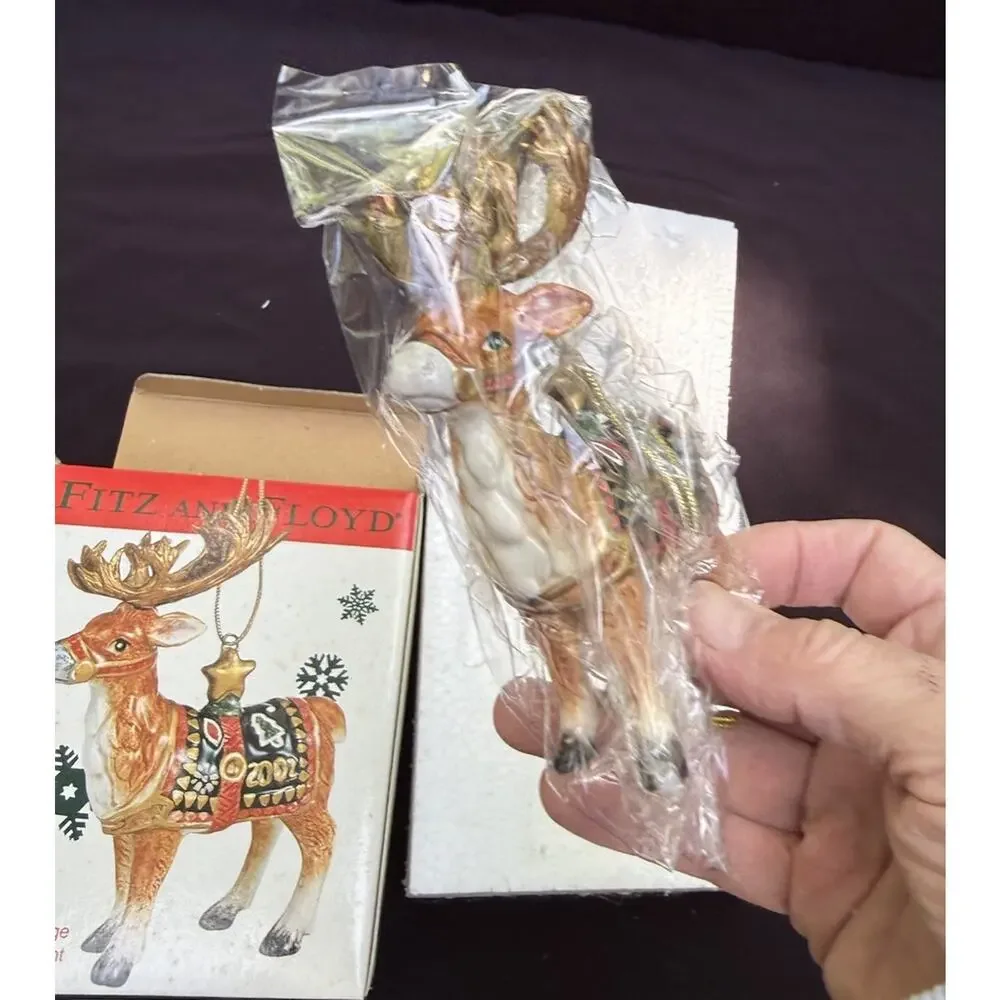 New Fitz and Floyd 2002 Reindeer Christmas Ornament Hand Painted Ceramic -46D
